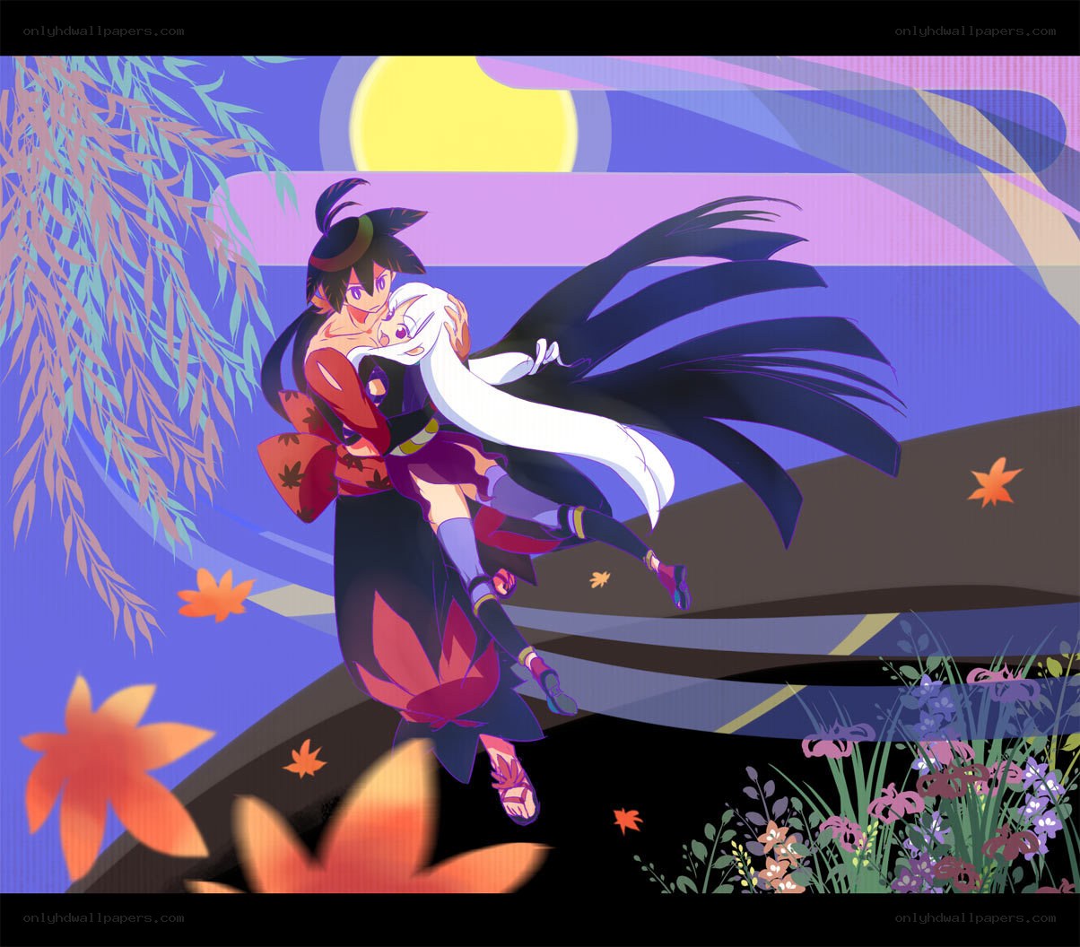 anime couple hugging at sunset