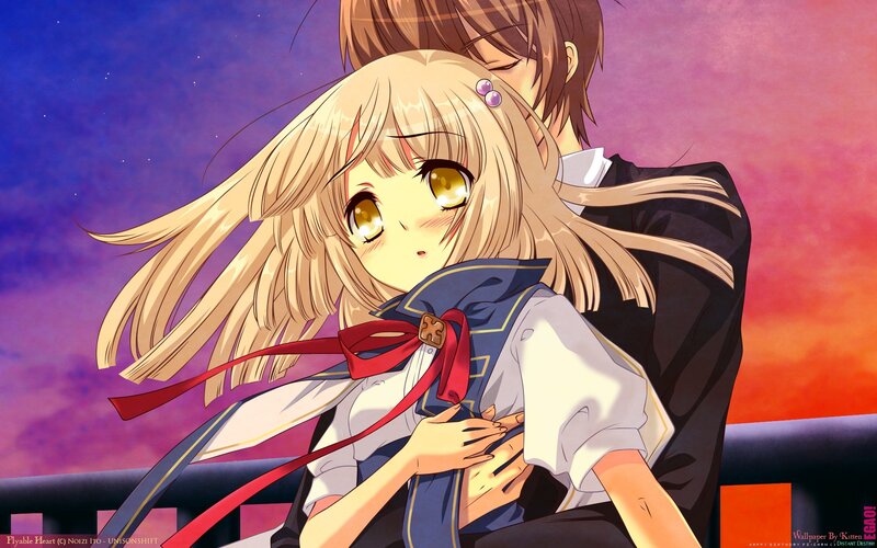 Anime couple hugging at sunset