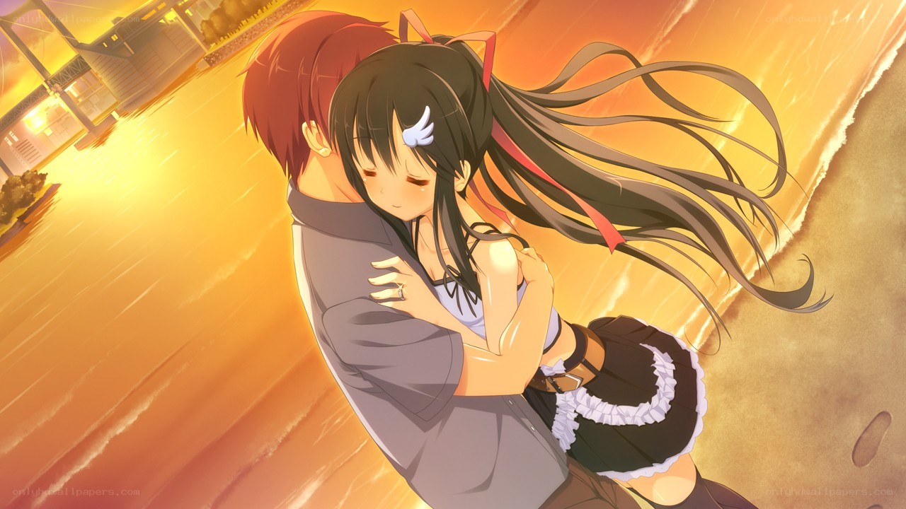 anime couple hugging at sunset