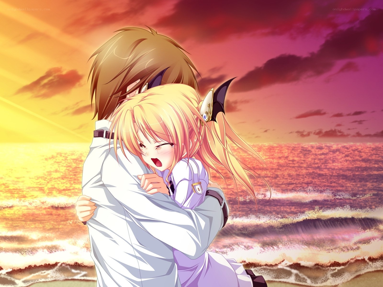 anime couple hugging at sunset