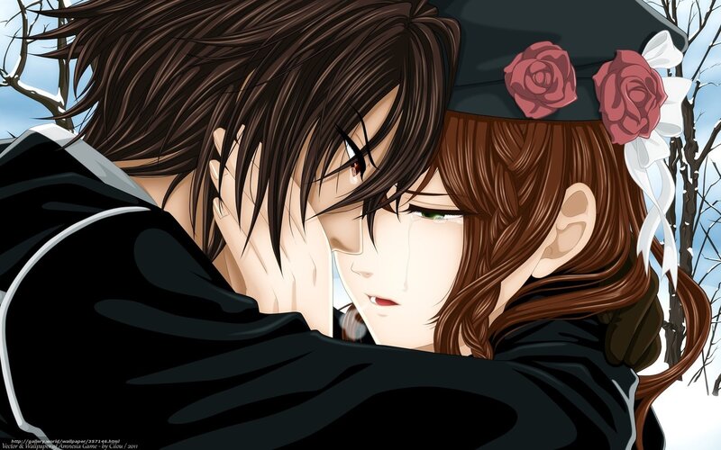 Anime Couple Hugging — Black, Dramatic, Winter