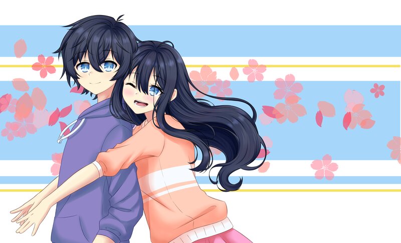 Anime Couple Hugging — Blue, Cheerful