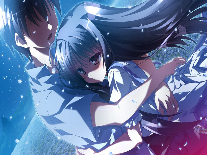 Anime Couple Hugging — Blue, Dramatic, Night
