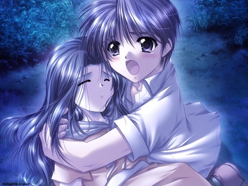 Anime Couple Hugging — Blue, Dramatic