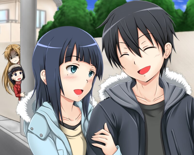Anime Couple Hugging — Blue, Happy