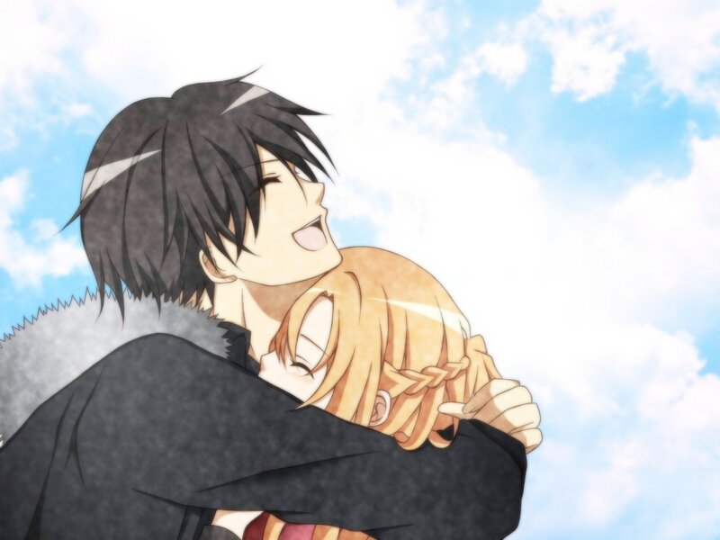 Anime Couple Hugging — Blue, Peaceful