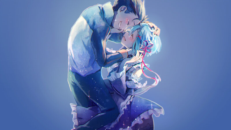 Anime Couple Hugging — Blue, Romantic, Digital Art