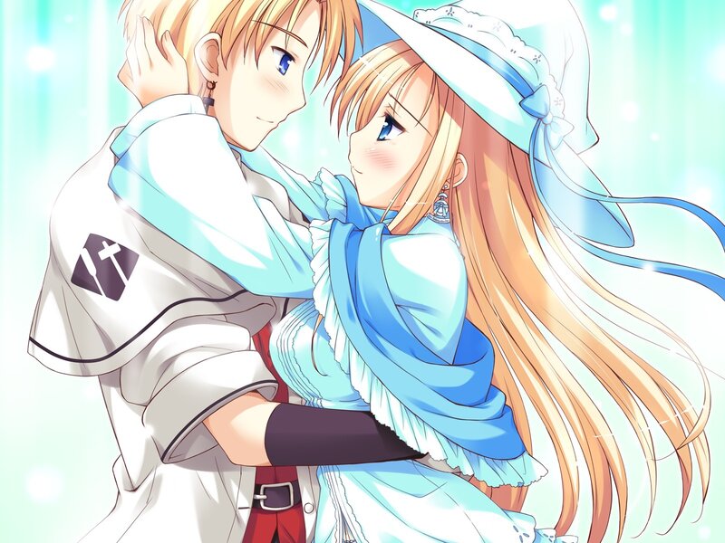 Anime Couple Hugging — Blue, Romantic, Hat
