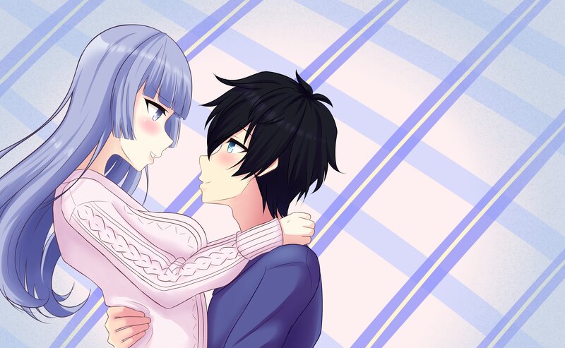Anime Couple Hugging — Blue, Romantic, Hug