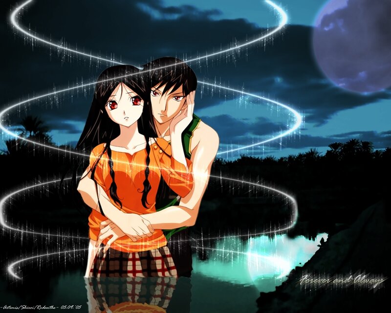 Anime Couple Hugging — Blue, Romantic, Night, Moon