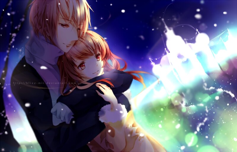 Anime Couple Hugging — Blue, Romantic, Night