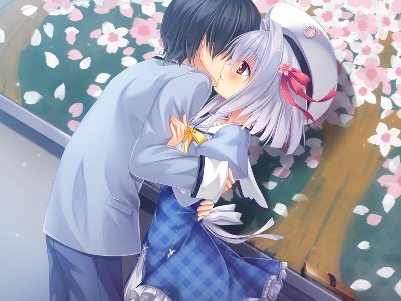 Anime Couple Hugging — Blue, Romantic, Spring