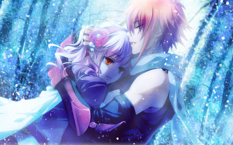 Anime Couple Hugging — Blue, Serene, Winter