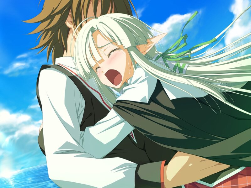 anime couple hugging by the sea