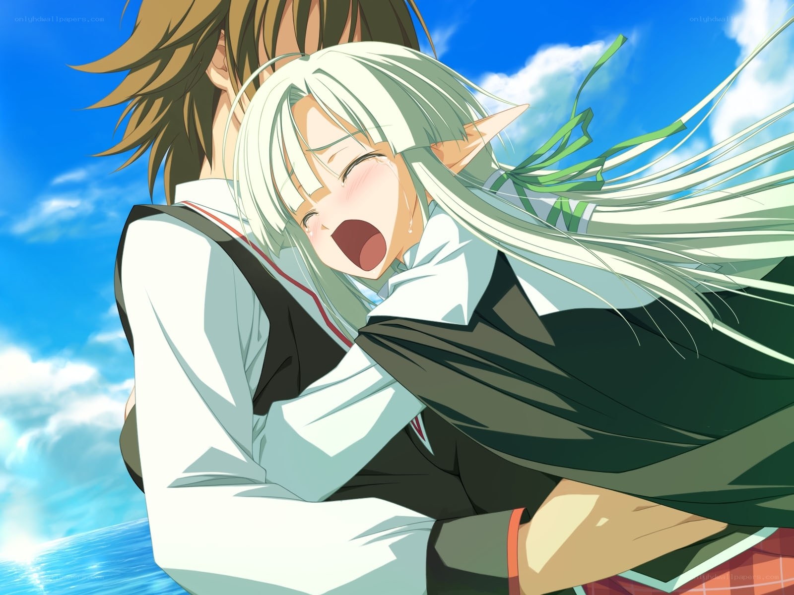 anime couple hugging by the sea