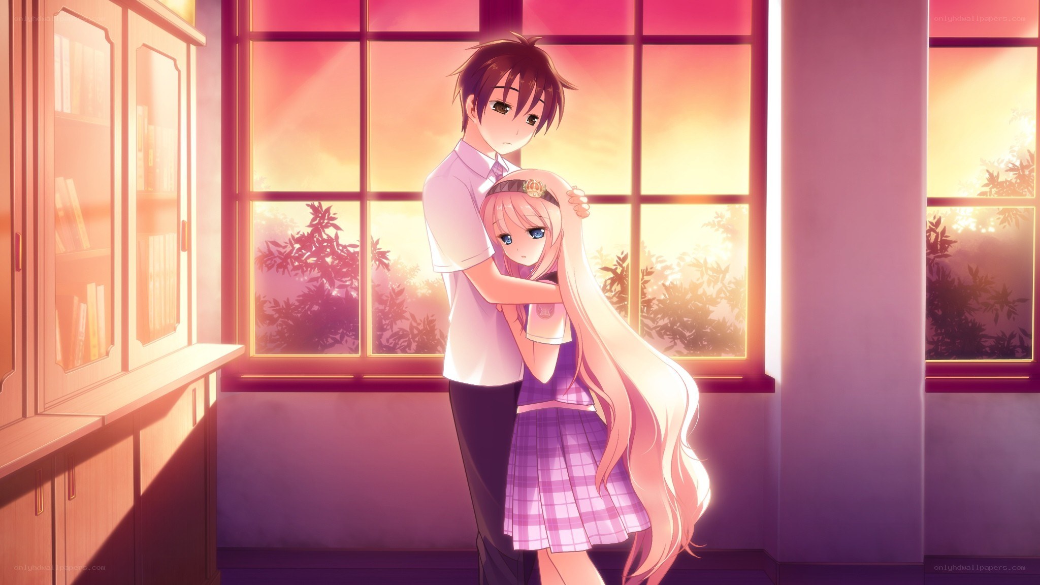 anime couple hugging by window