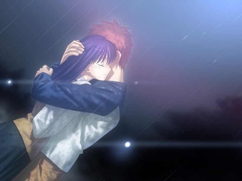anime couple hugging in rain
