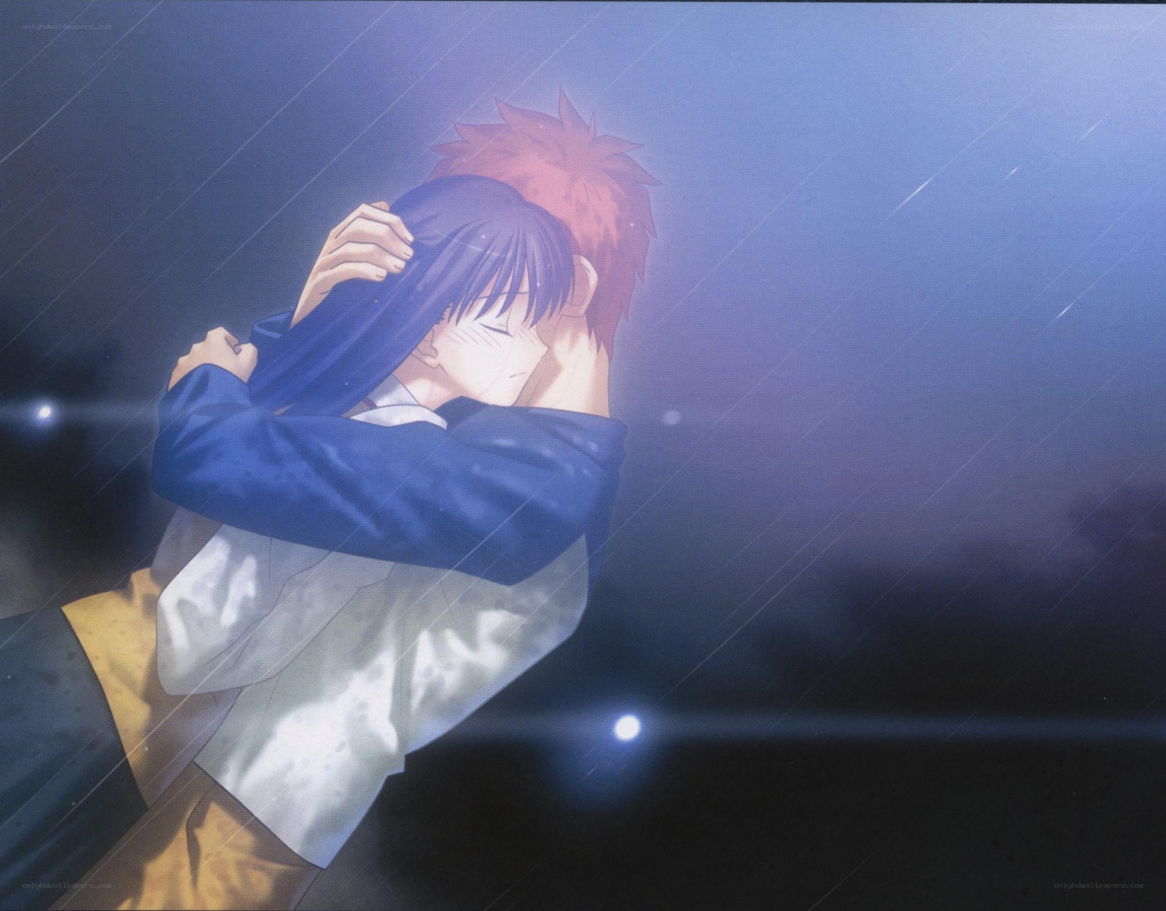 anime couple hugging in rain