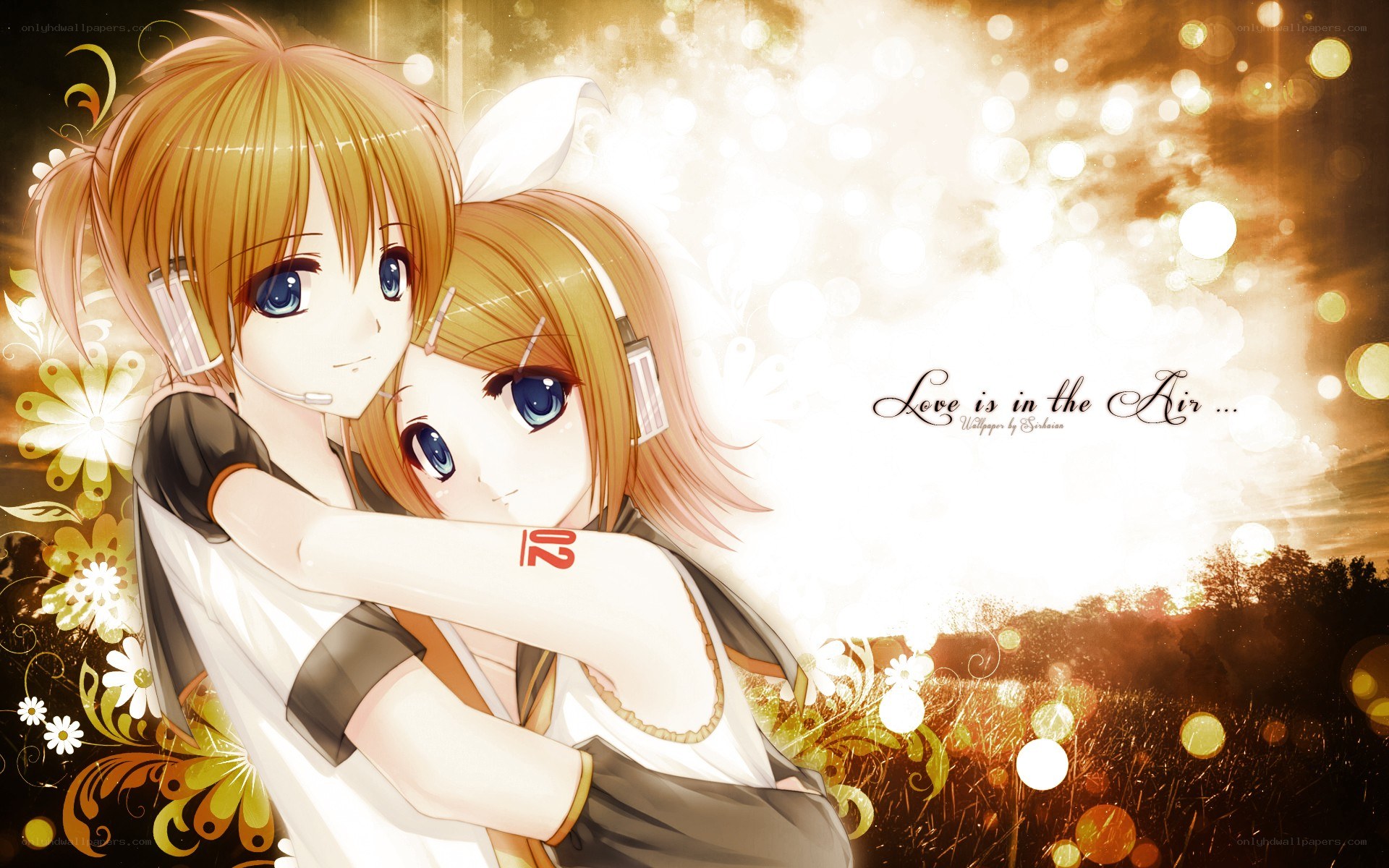 Anime couple hugging in sunset