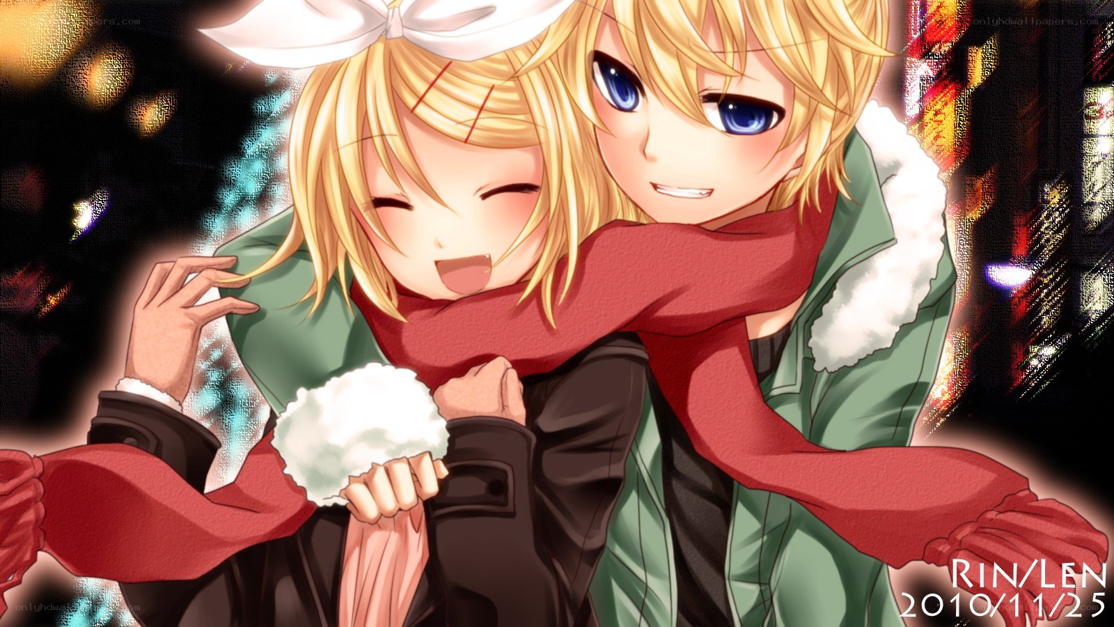 Anime couple hugging in winter