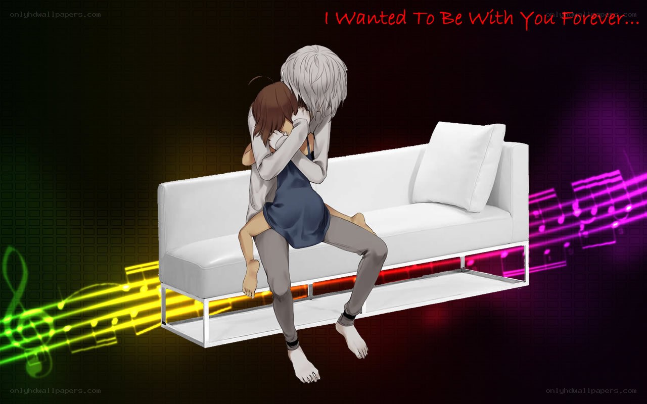 anime couple hugging on couch