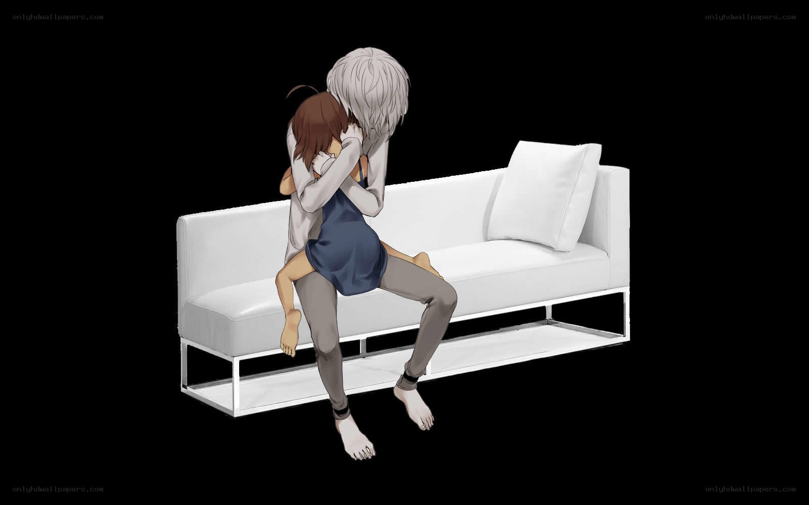 Anime couple hugging on sofa