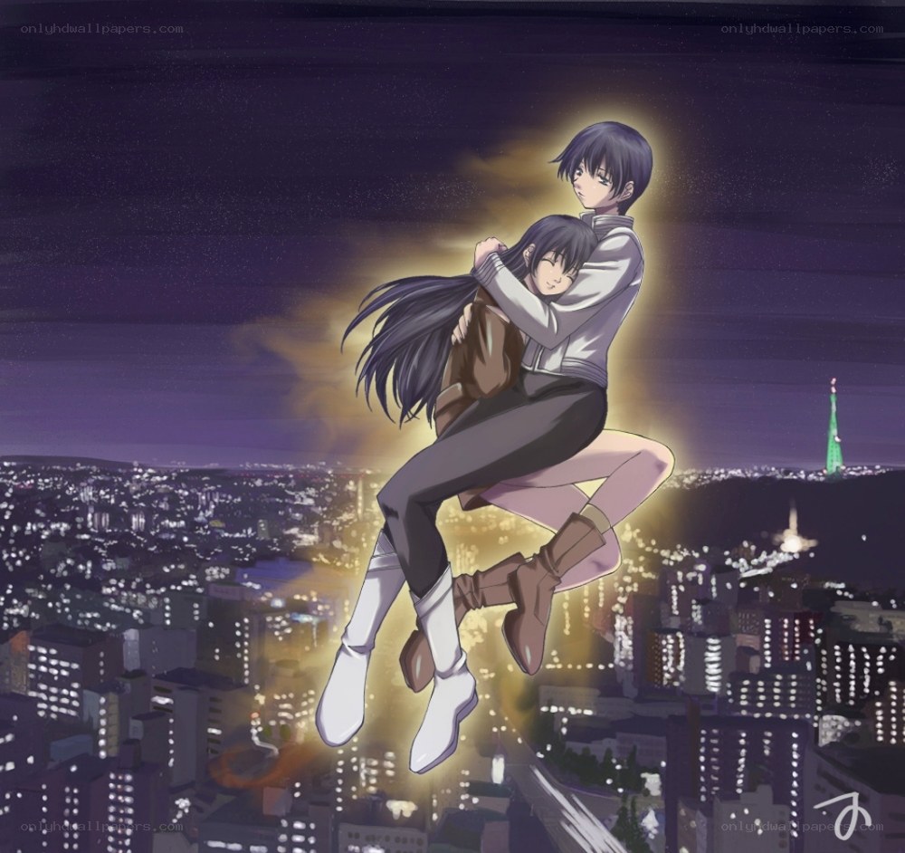 anime couple hugging over city