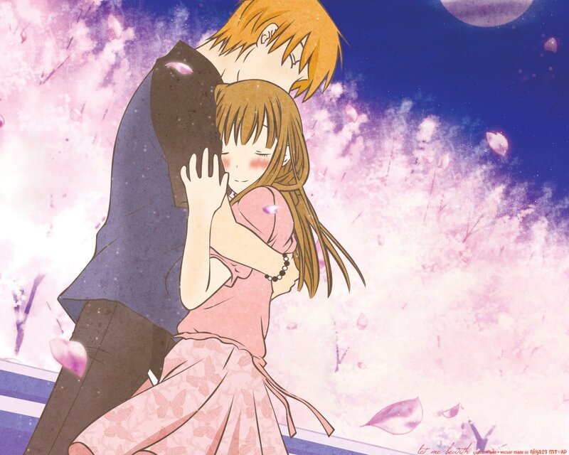 Anime Couple Hugging — Pink, Romantic, Night