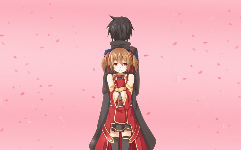 Anime Couple Hugging — Pink, Serene, Spring