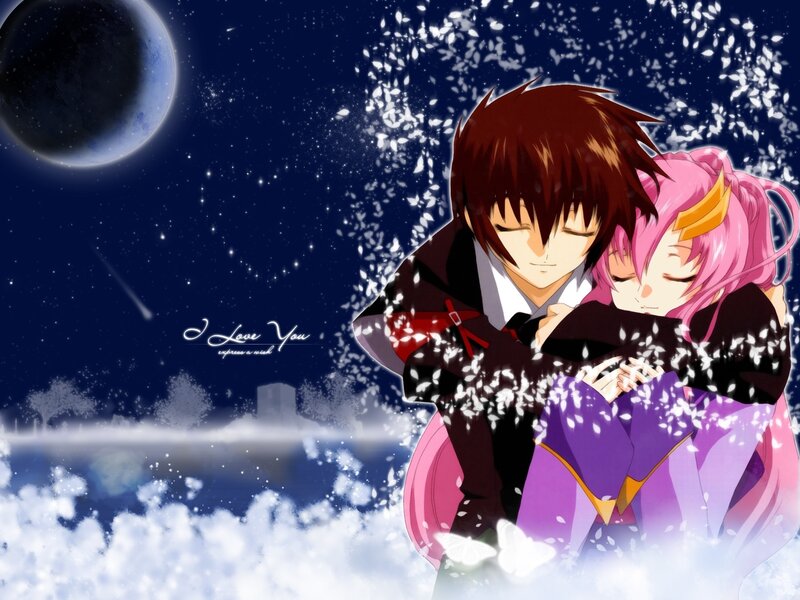 Anime Couple Hugging — Purple, Romantic, Night, Moon