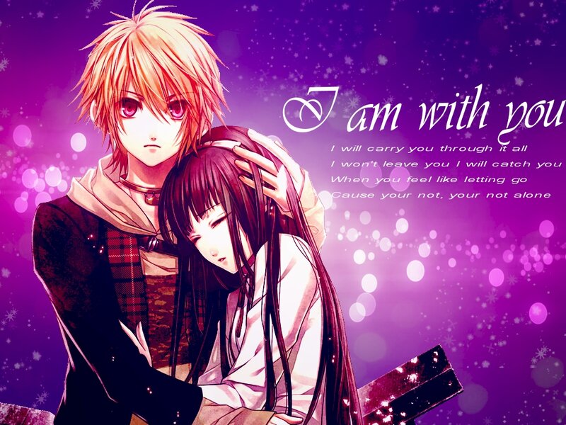 Anime Couple Hugging — Purple, Romantic, Night, Text