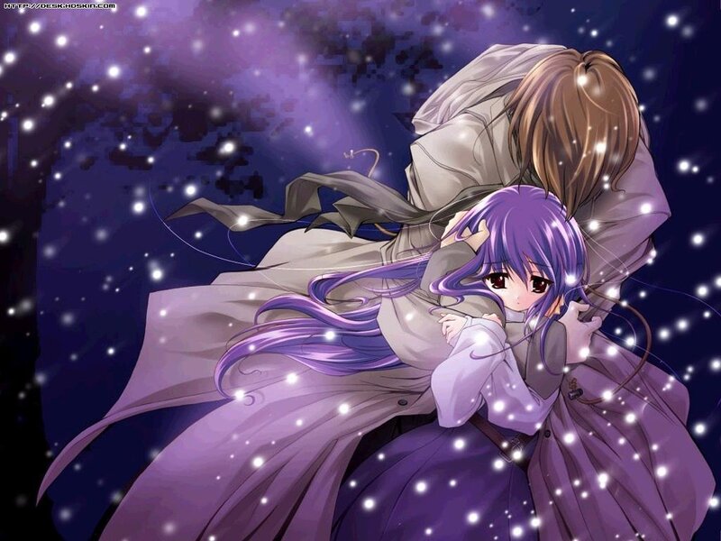 Anime Couple Hugging — Purple, Romantic, Night