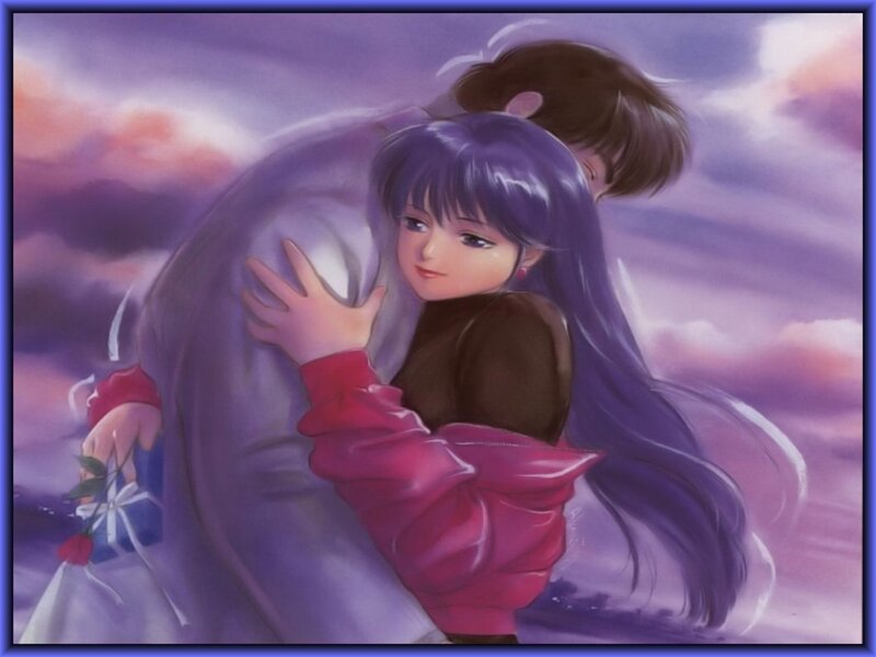 Anime Couple Hugging — Purple, Romantic, Sunset