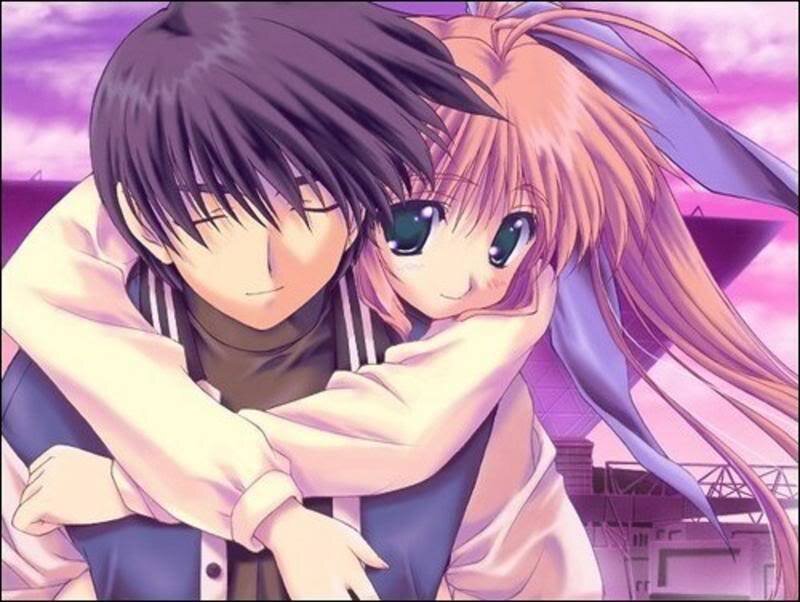 Anime Couple Hugging — Purple, Romantic