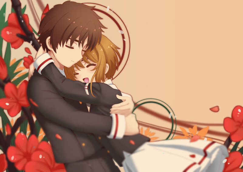 Anime Couple Hugging — Red, Romantic, Autumn