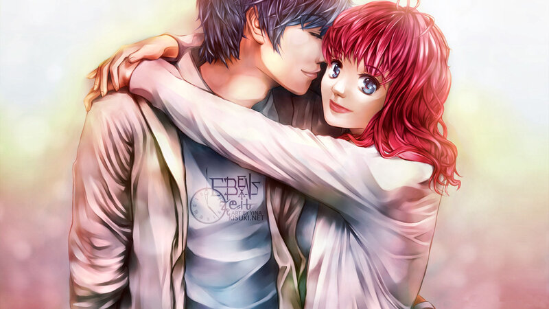 Anime Couple Hugging — Red, Romantic, Sunset