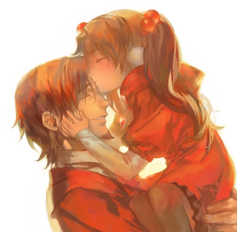 Anime Couple Hugging — Red, Warm, Digital Art