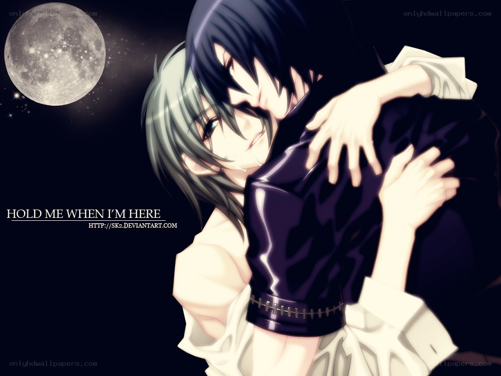 anime couple hugging under moon