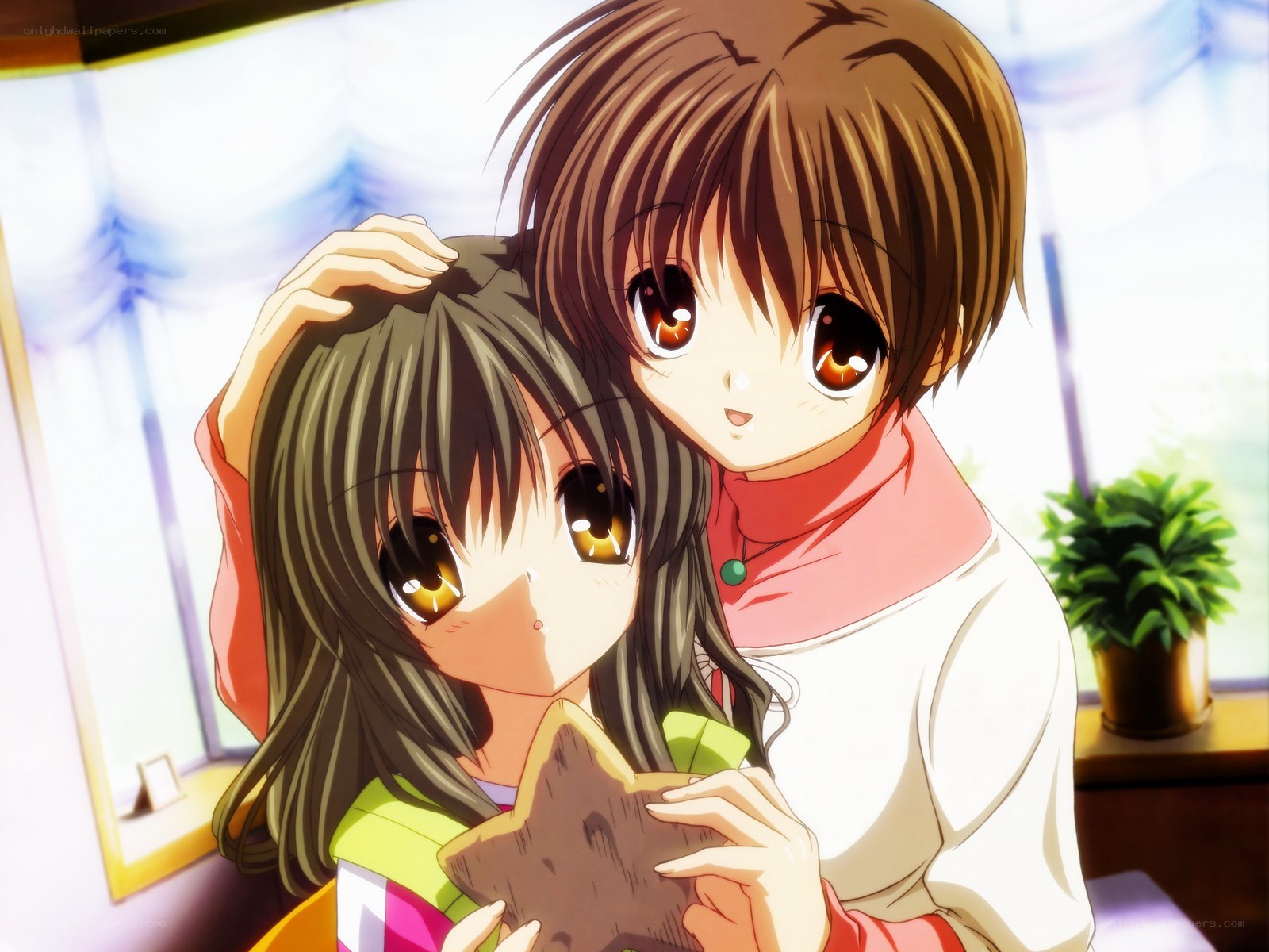 Anime couple hugging warmly
