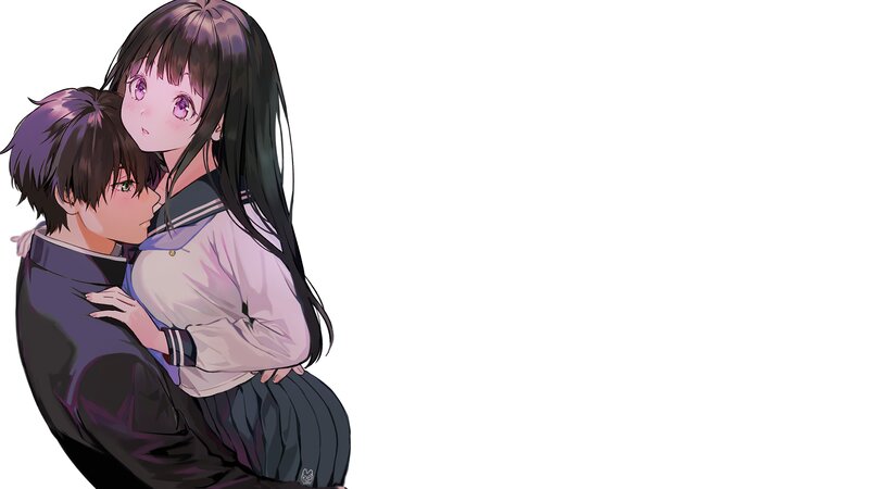 Anime Couple Hugging — White, Intimate, Digital Art