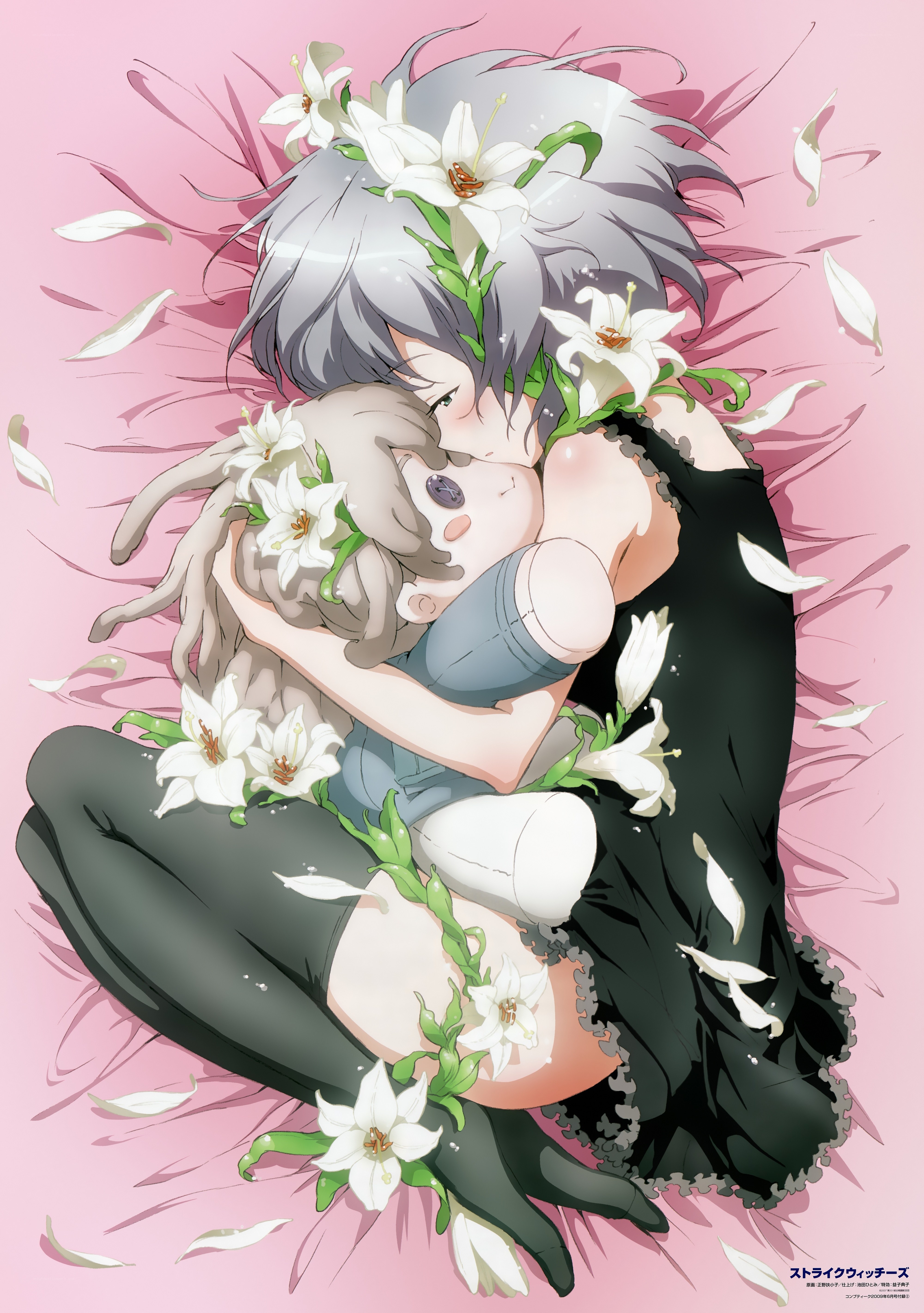 Anime couple hugging with flowers