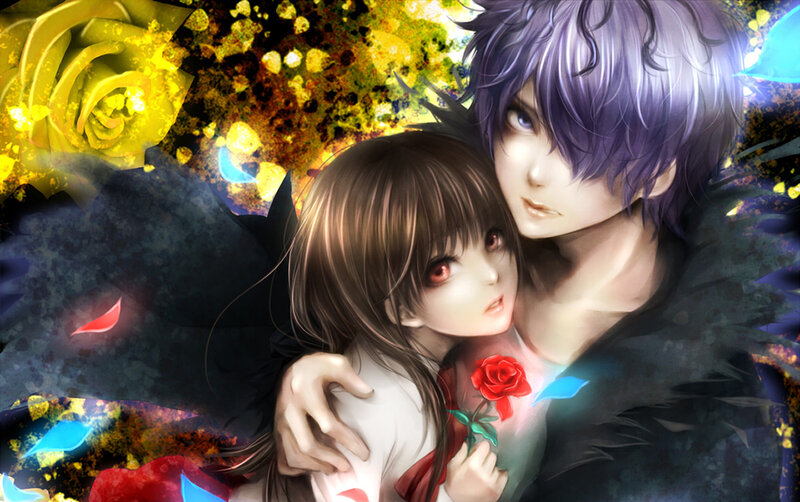 Anime Couple Hugging — Yellow, Dramatic