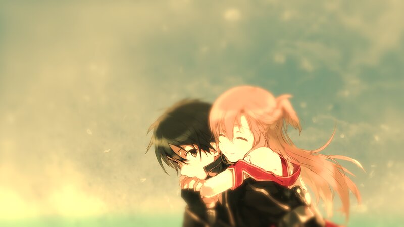 Anime Couple Hugging — Yellow, Serene, Sunset