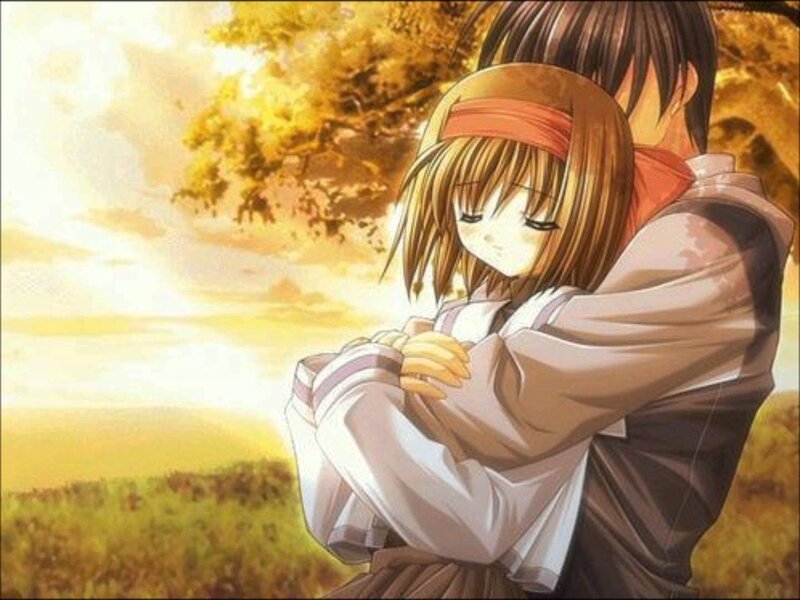 Anime Couple Hugging — Yellow, Serene