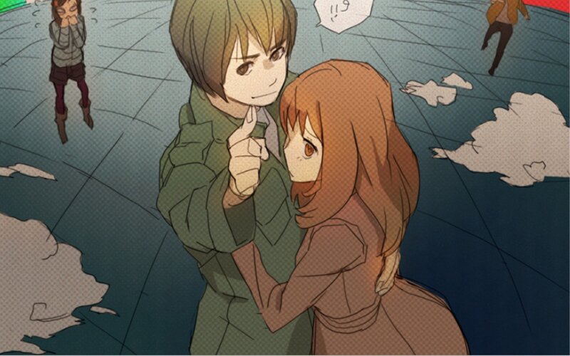 Anime couple in a chaotic scene