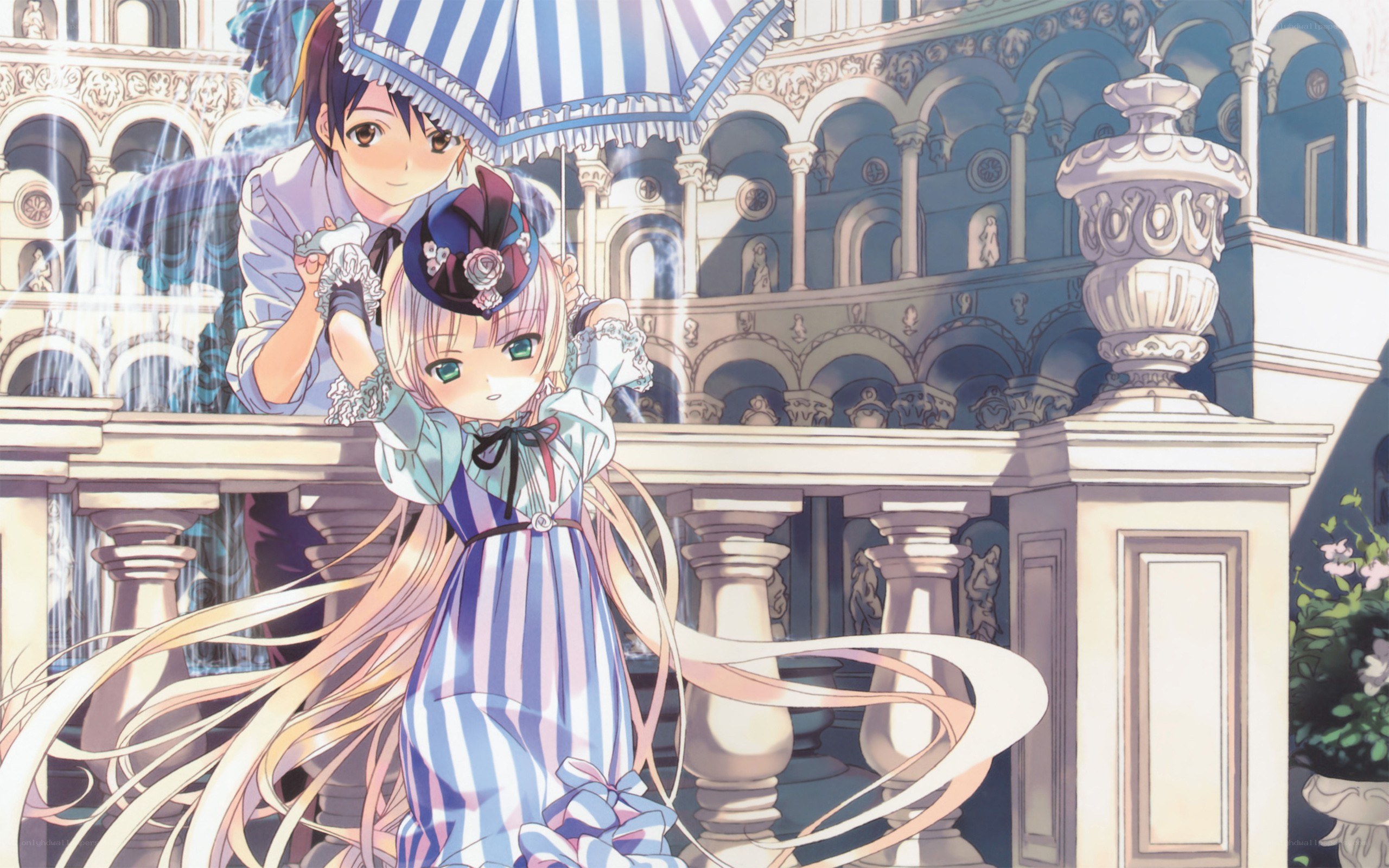 Anime couple in a courtyard