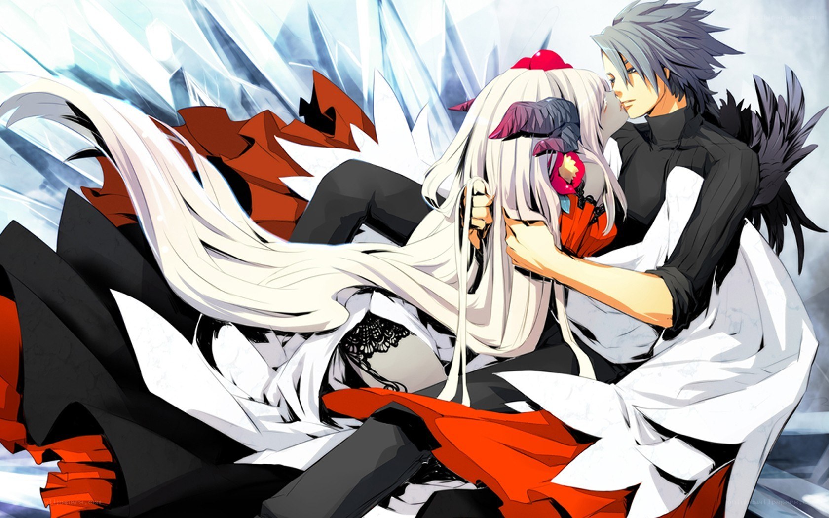 anime couple in a dramatic embrace
