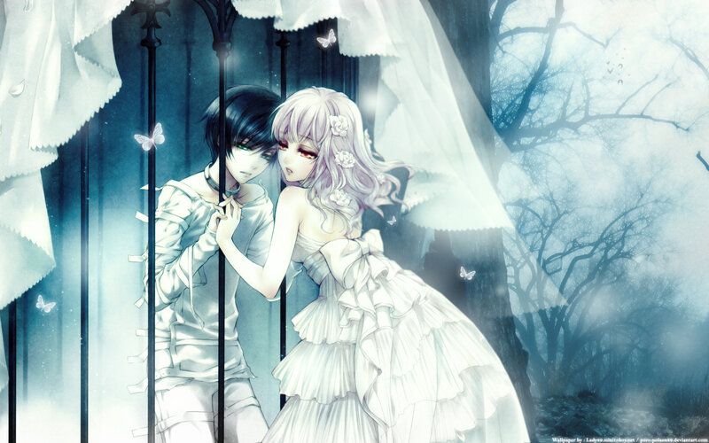 Anime couple in a dreamy forest