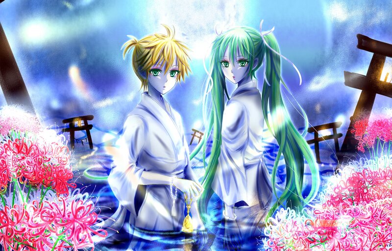 anime couple in a dreamy garden