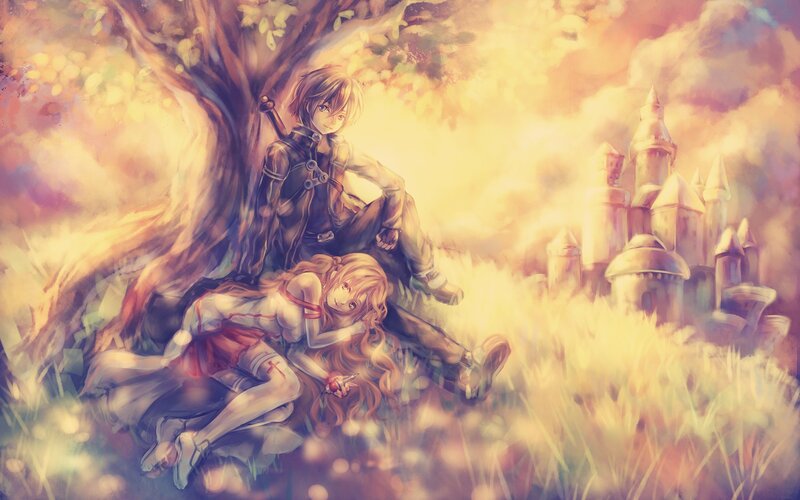 Anime couple in a fantasy field